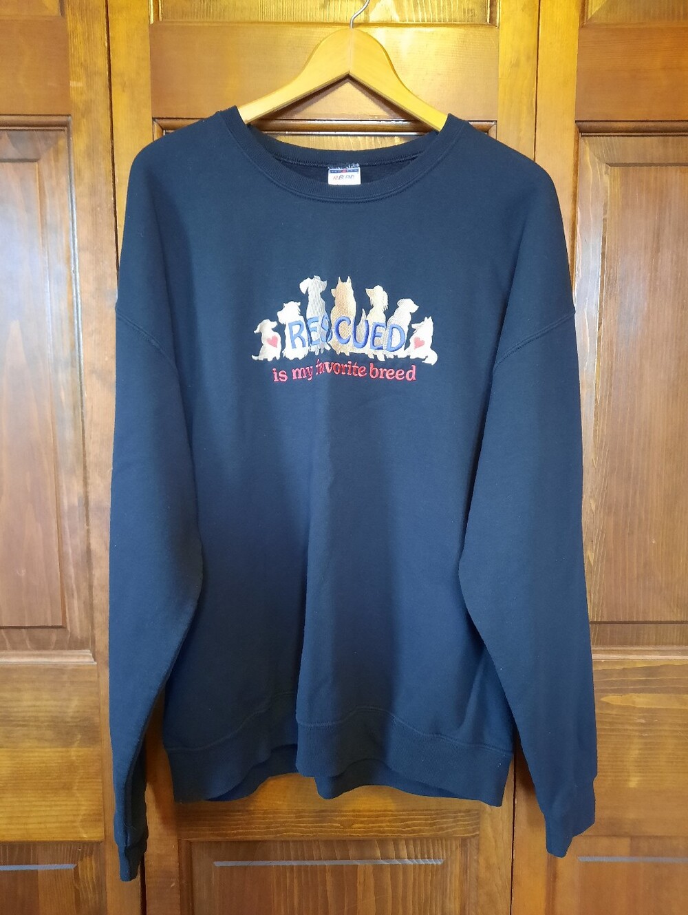 "Rescued Is My Favorite Breed" Embroidered Black Crewneck Sweatshirt Size XL